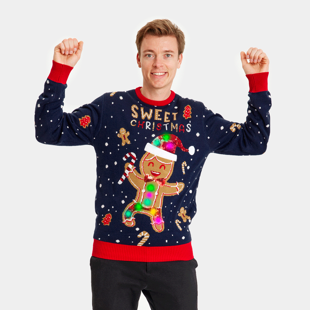 Blue LED light-up Ugly Christmas Sweater Ginger Cookie mens