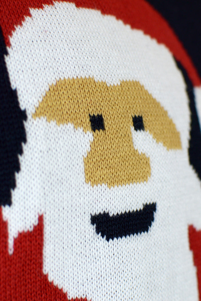 Blue Organic Cotton Family Ugly Christmas Sweater with Santa and Rudolph detail