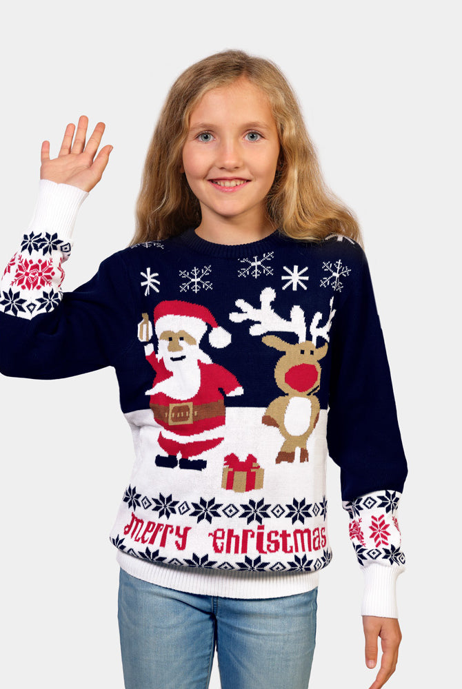 Blue Organic Cotton Family Ugly Christmas Sweater with Santa and Rudolph girls