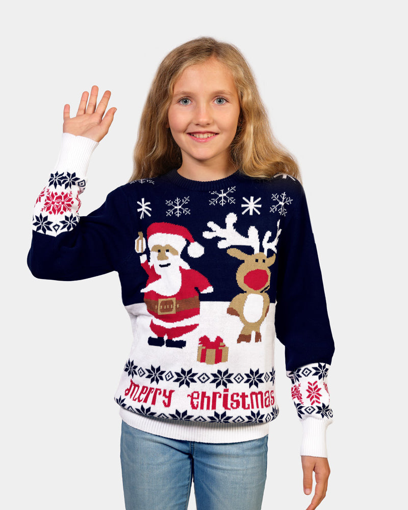 Blue Organic Cotton Children Ugly Christmas Sweater Santa and Rudolph