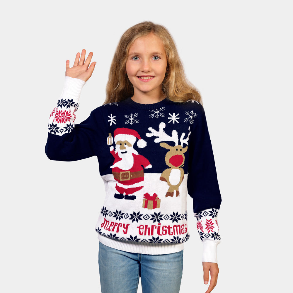 Blue Organic Cotton Children Ugly Christmas Sweater Santa and Rudolph