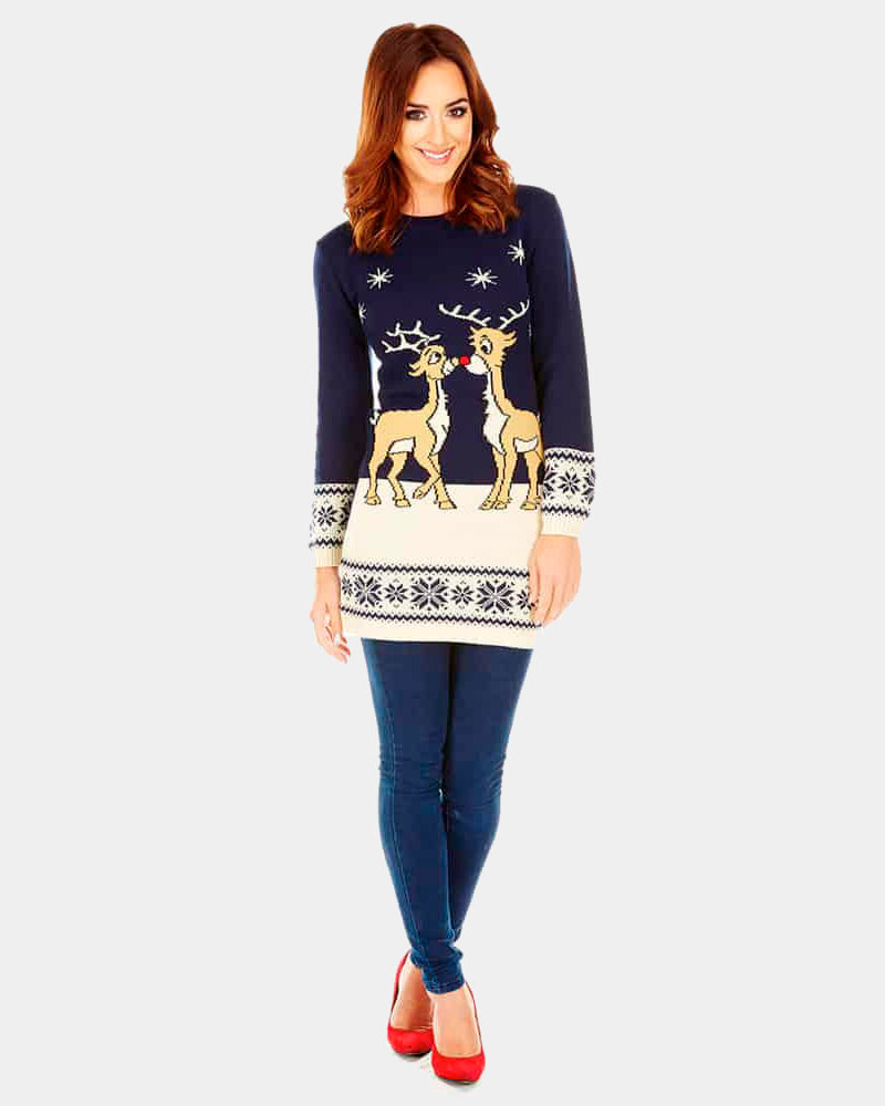 Womens Blue Ugly Christmas Dress with Baby Reindeers