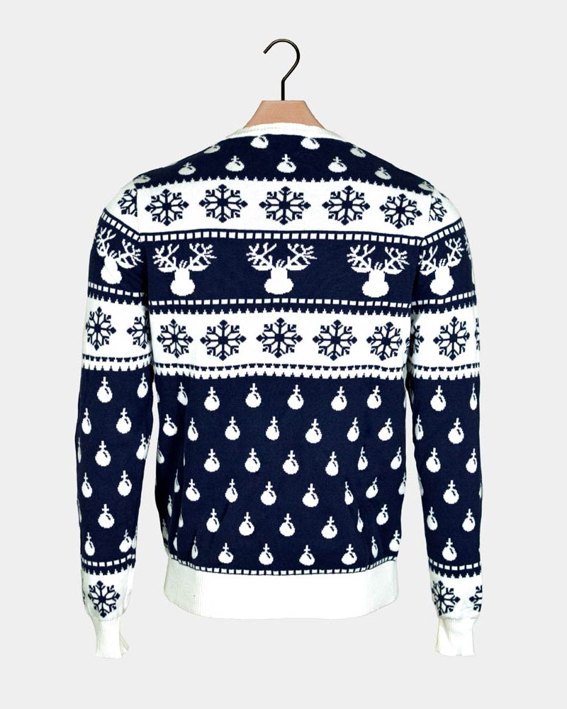 Blue Ugly Christmas Sweater with Reindeers and Snow back