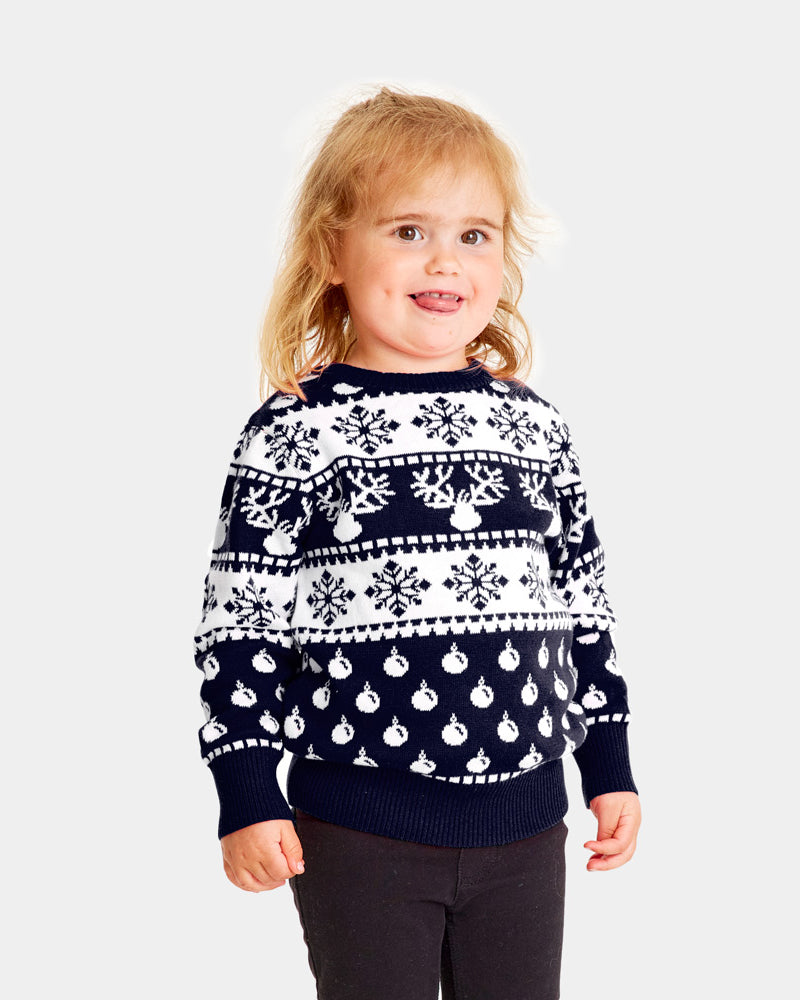Blue Family Ugly Christmas Sweater with Reindeers and Snow girls