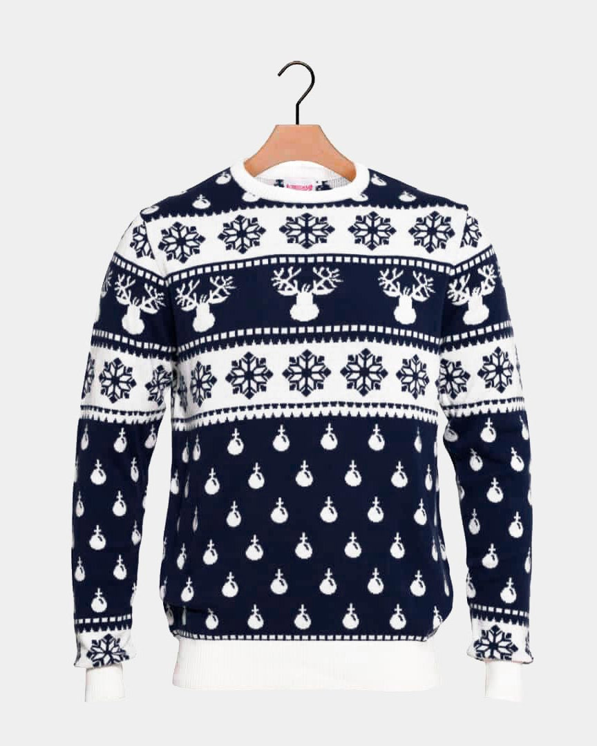 Blue Ugly Christmas Sweater with Reindeers and Snow