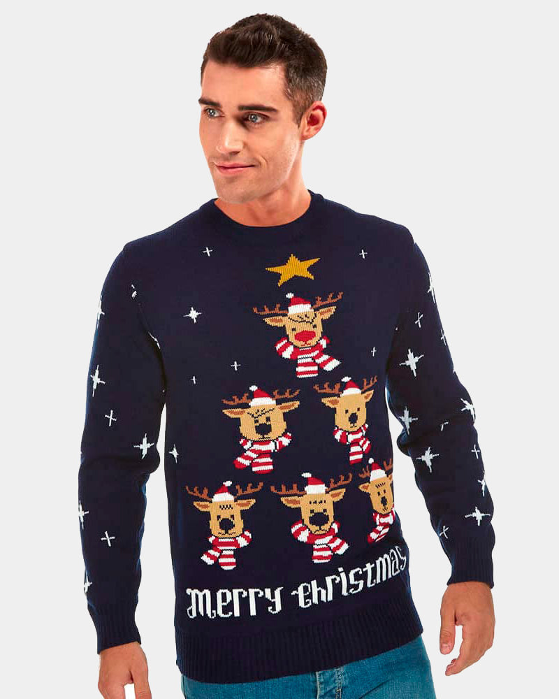 Mens Blue Ugly Christmas Sweater with Reindeers, Christmas Tree and Star