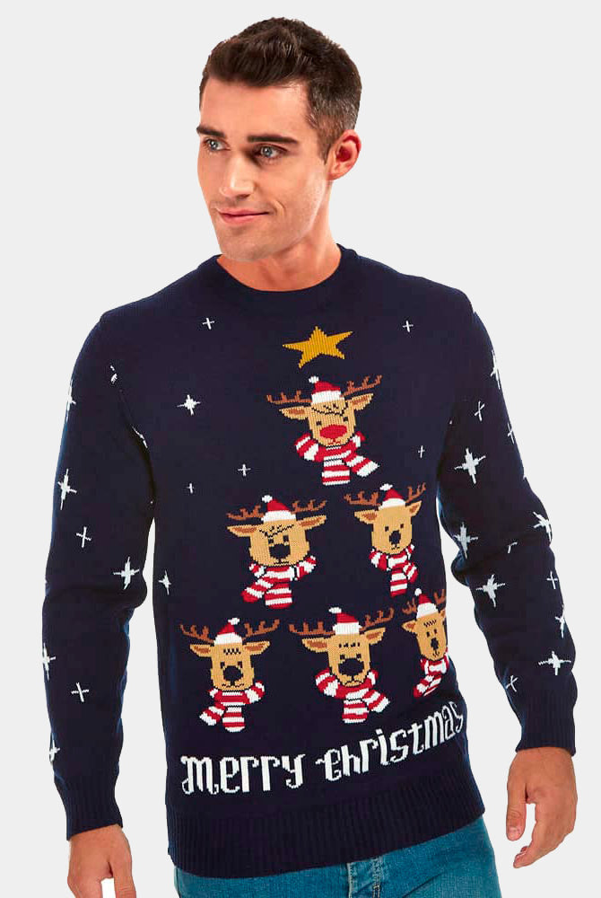 Mens Blue Ugly Christmas Sweater with Reindeers, Christmas Tree and Star