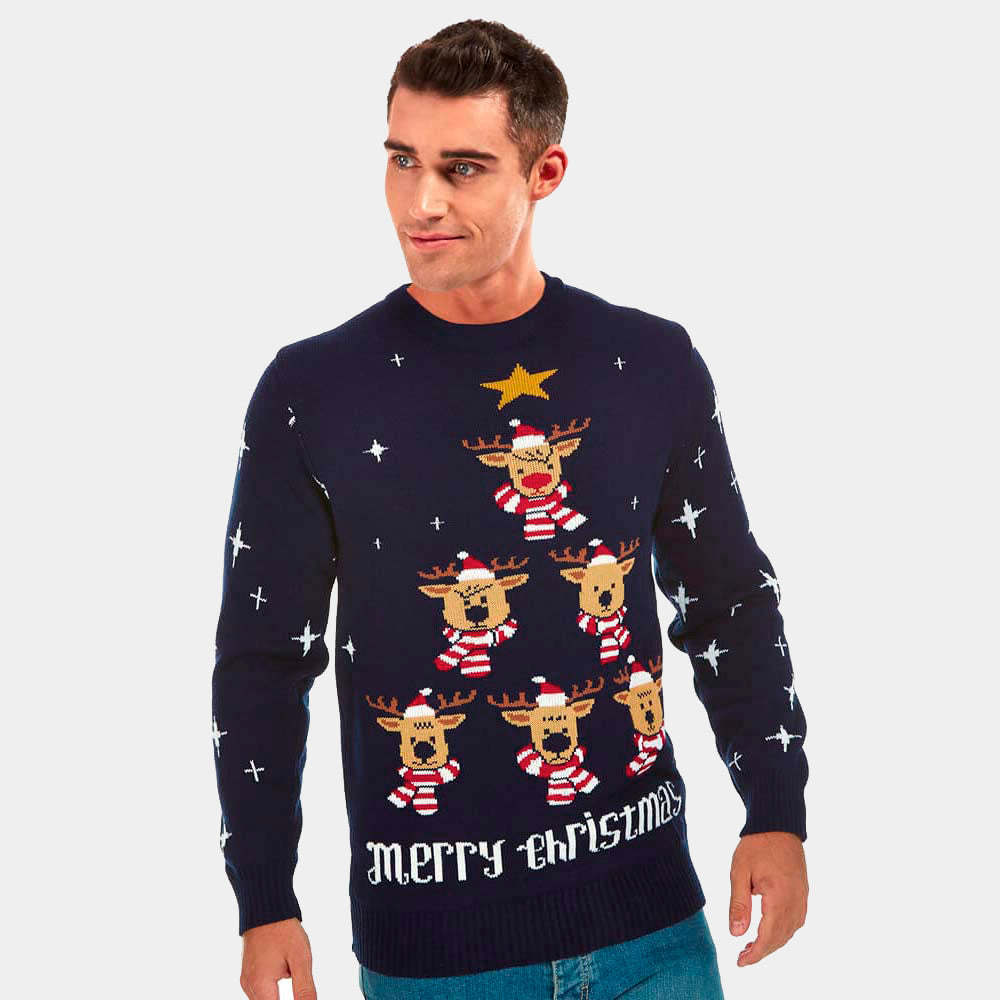 Mens Blue Ugly Christmas Sweater with Reindeers, Christmas Tree and Star