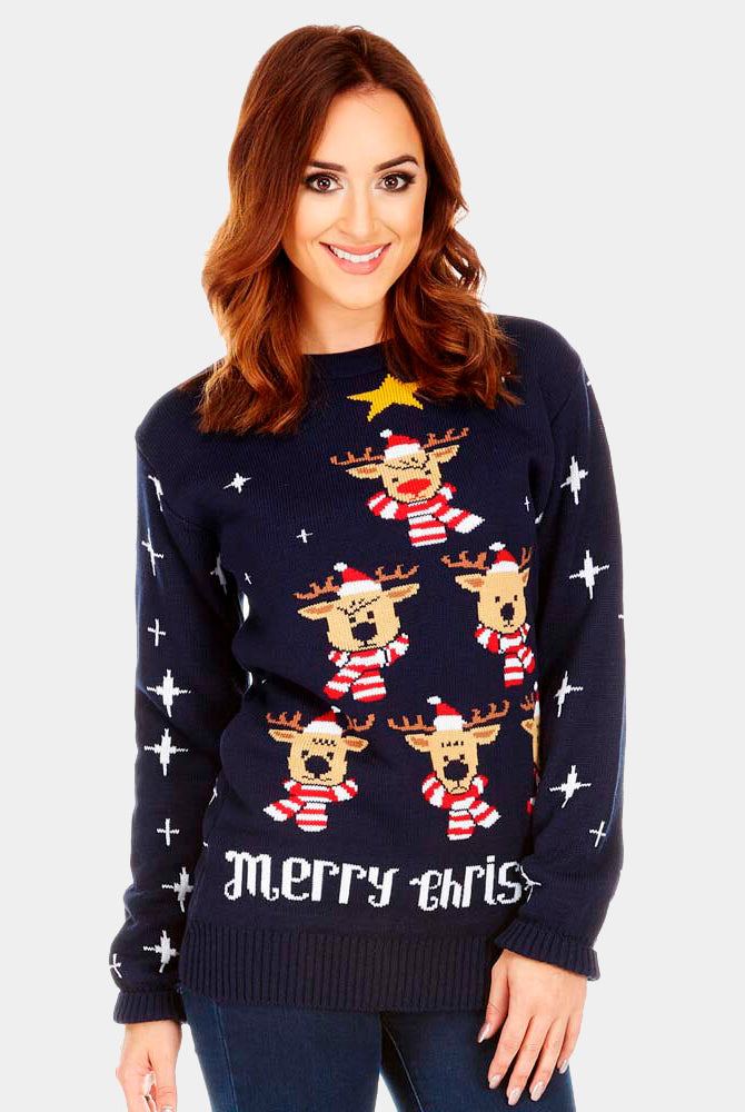 Womens Blue Ugly Christmas Sweater with Reindeers, Christmas Tree and Star
