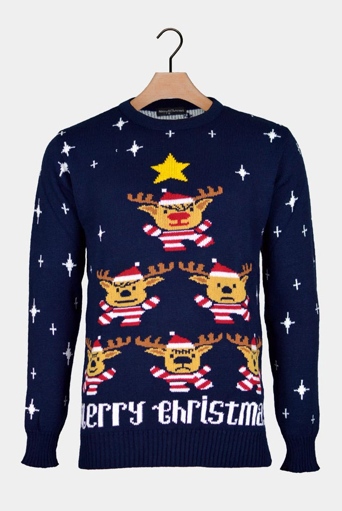 Blue Ugly Christmas Sweater with Reindeers, Christmas Tree and Star