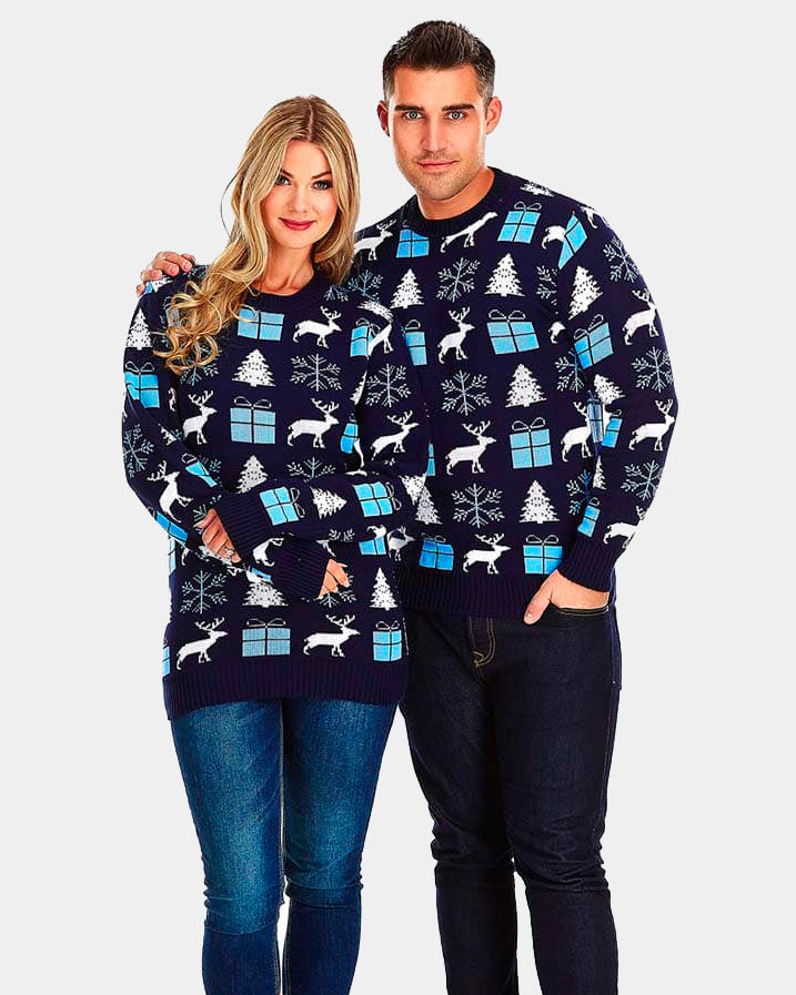 Couple Blue Ugly Christmas Sweater with Reindeers, Gifts and Trees