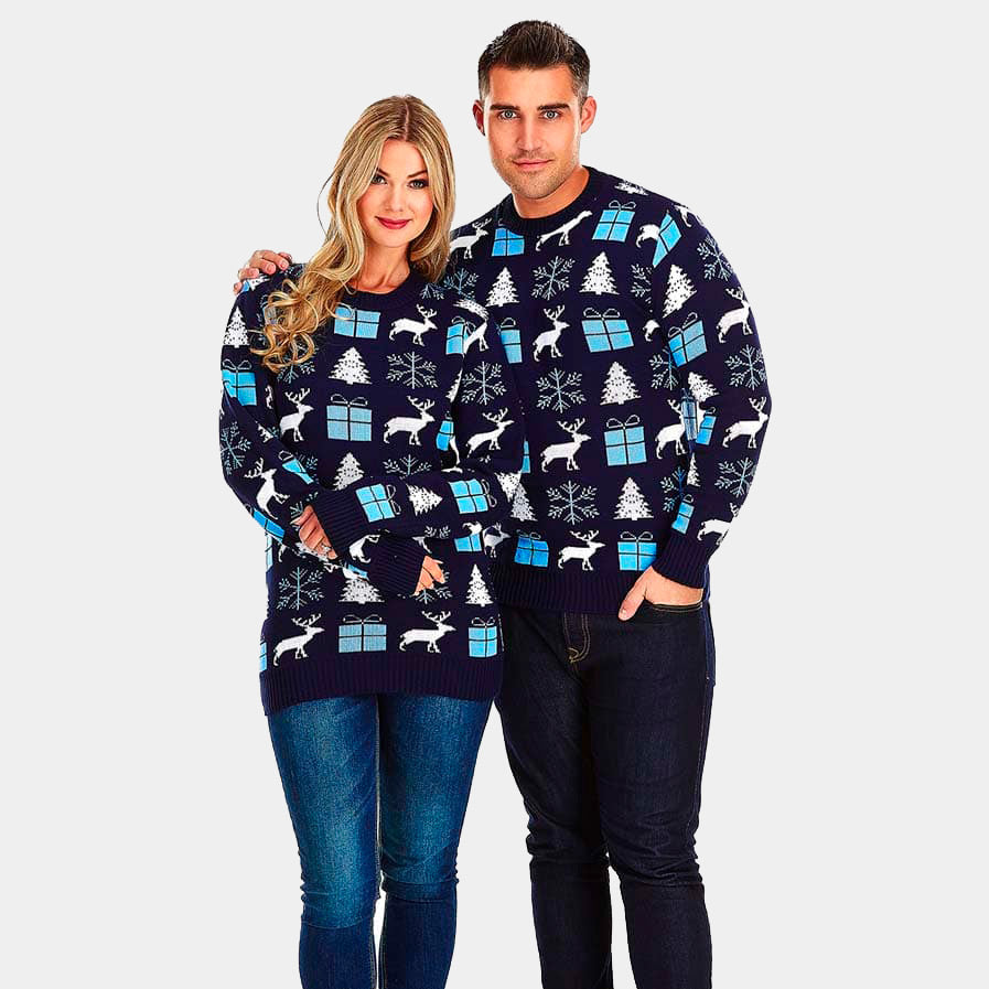 Couple Blue Ugly Christmas Sweater with Reindeers, Gifts and Trees