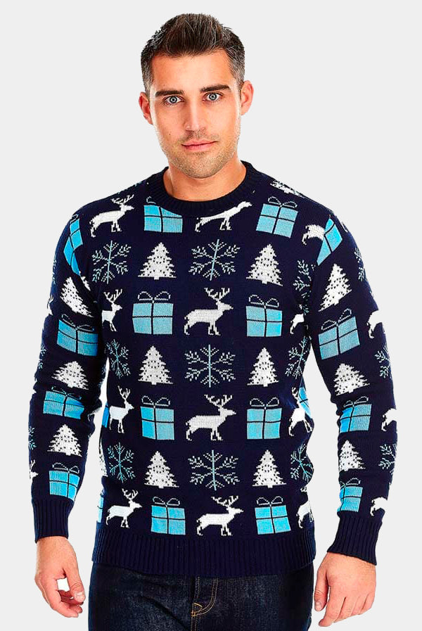 Mens Blue Ugly Christmas Sweater with Reindeers, Gifts and Trees