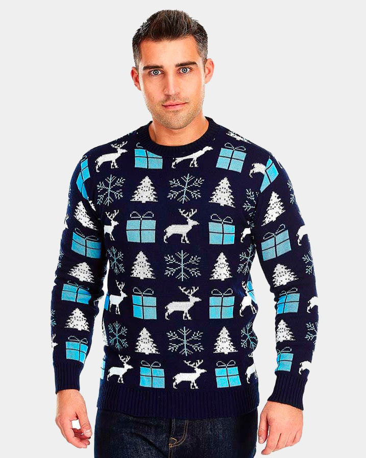 Mens Blue Ugly Christmas Sweater with Reindeers, Gifts and Trees