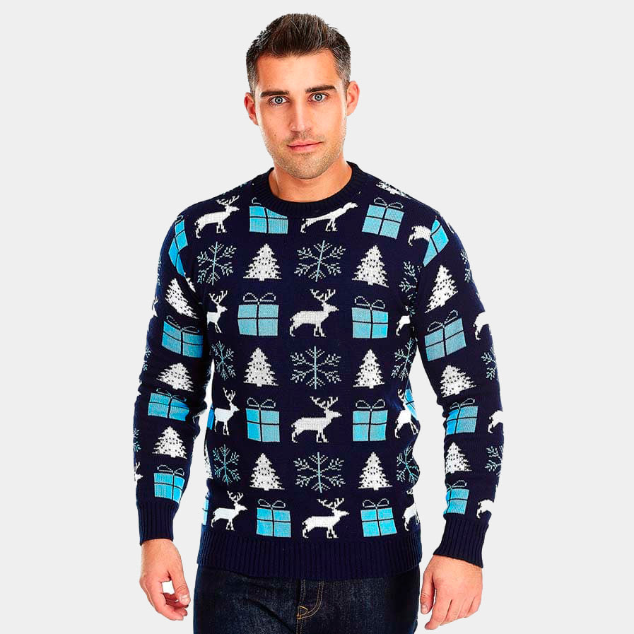 Mens Blue Ugly Christmas Sweater with Reindeers, Gifts and Trees