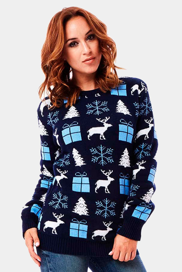 Womens Blue Ugly Christmas Sweater with Reindeers, Gifts and Trees