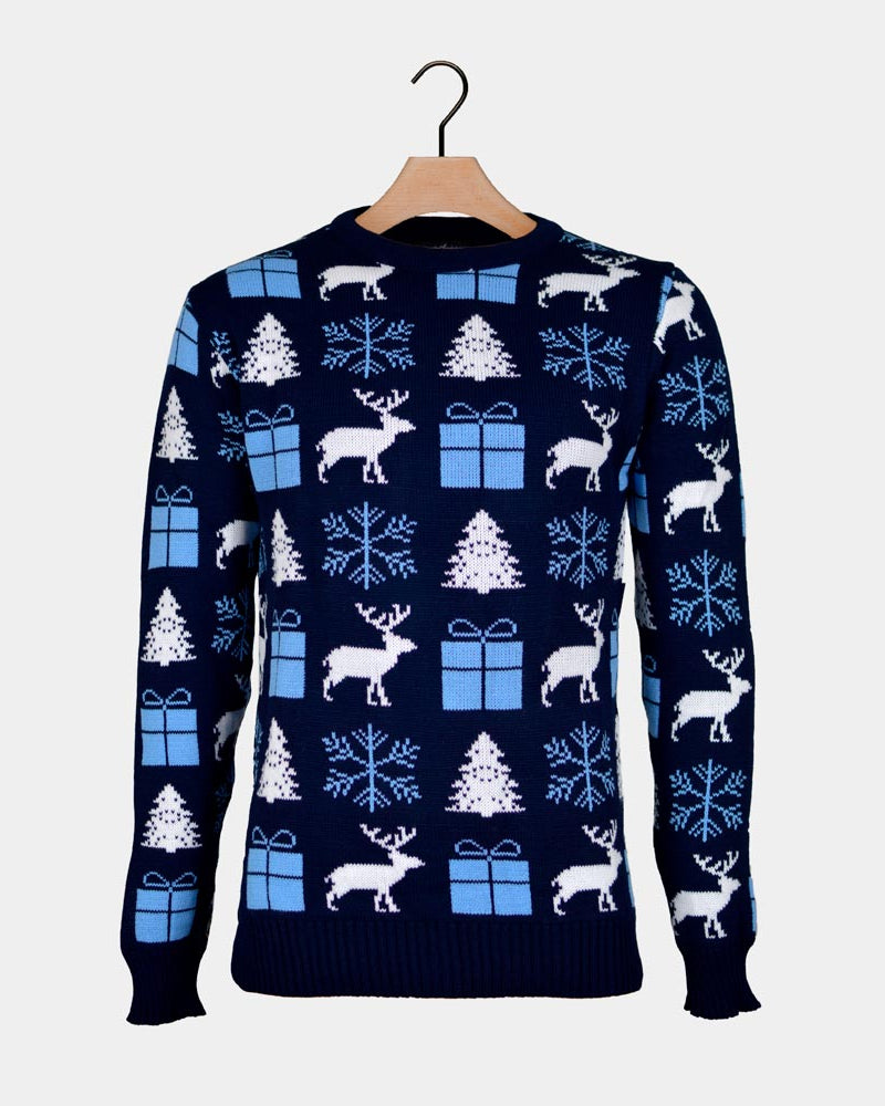 Blue Ugly Christmas Sweater with Reindeers, Gifts and Trees
