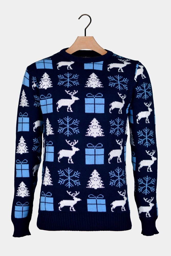 Blue Ugly Christmas Sweater with Reindeers, Gifts and Trees