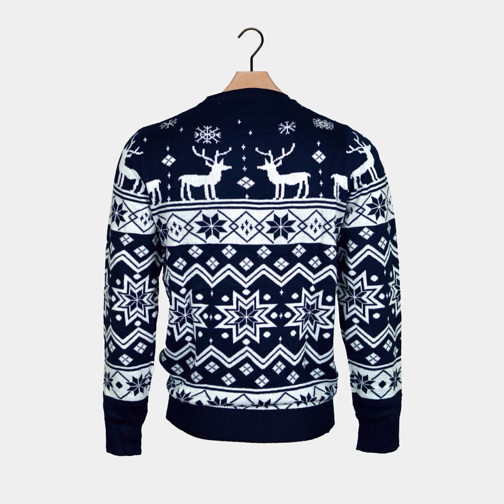 Blue Ugly Christmas Sweater with Reindeers and Nordic Stars Back