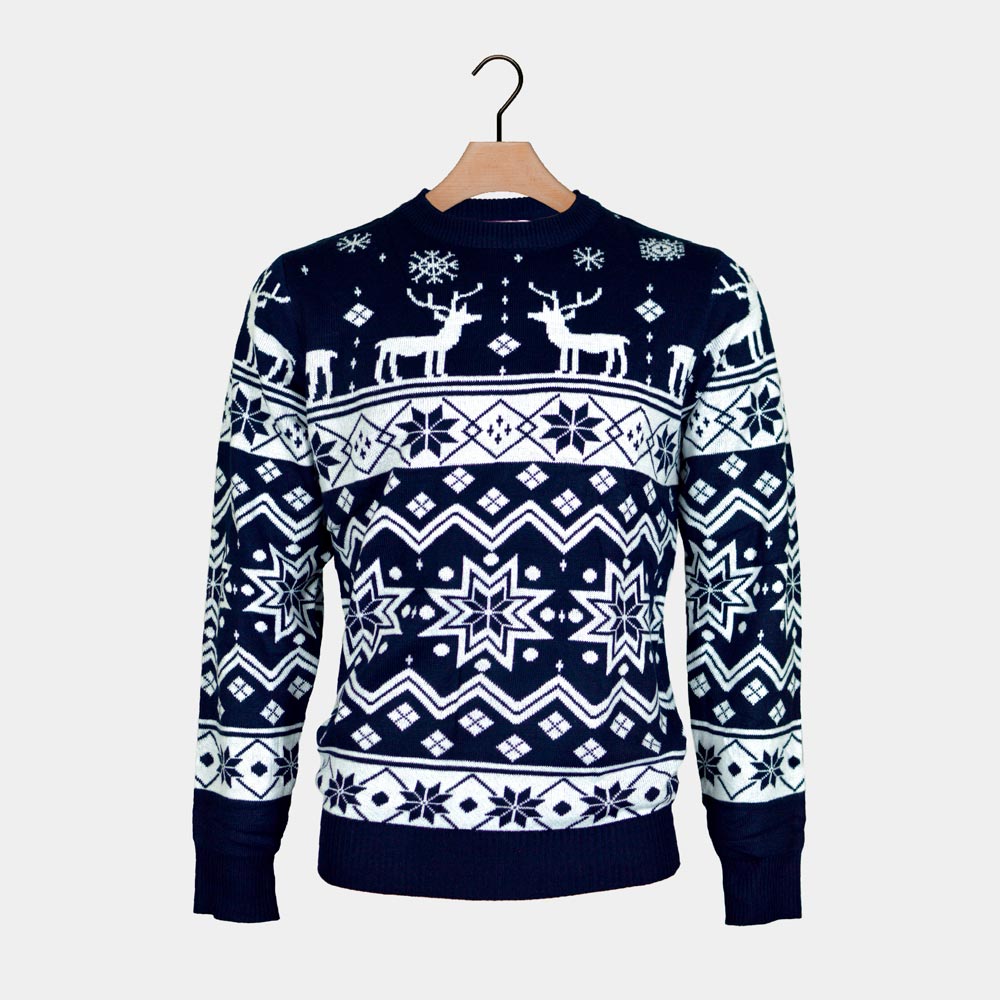 Blue Ugly Christmas Sweater with Reindeers and Nordic Stars