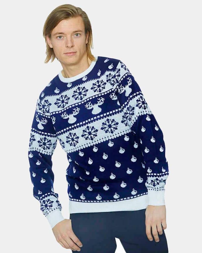 Mens Blue Ugly Christmas Sweater with Reindeers and Snow 2021