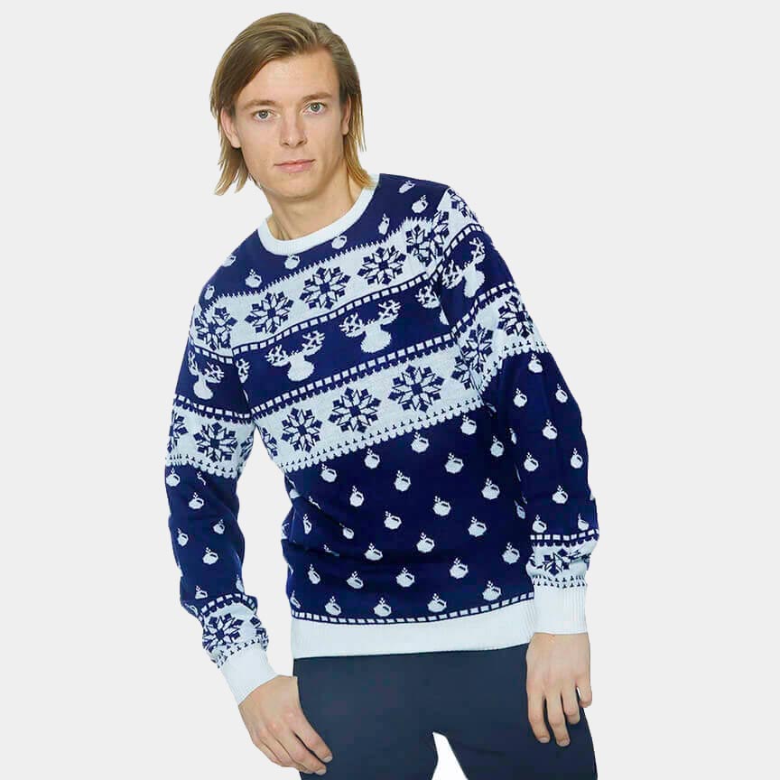Mens Blue Ugly Christmas Sweater with Reindeers and Snow 2021
