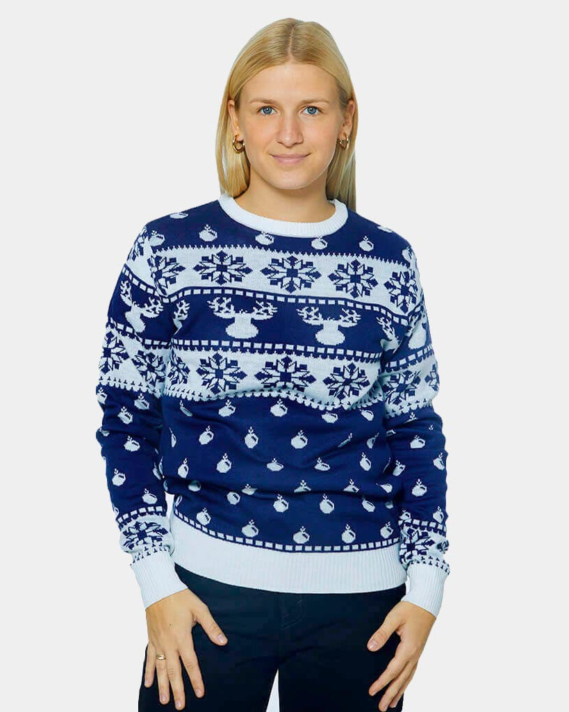 Womens Blue Ugly Christmas Sweater with Reindeers and Snow 2021