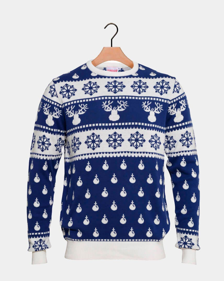 Blue Ugly Christmas Sweater with Reindeers and Snow 2021