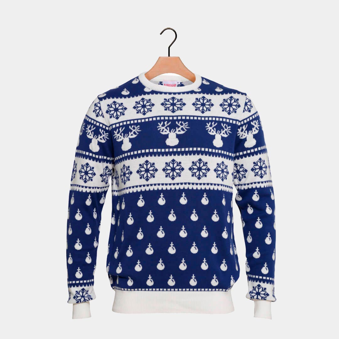 Blue Ugly Christmas Sweater with Reindeers and Snow 2021