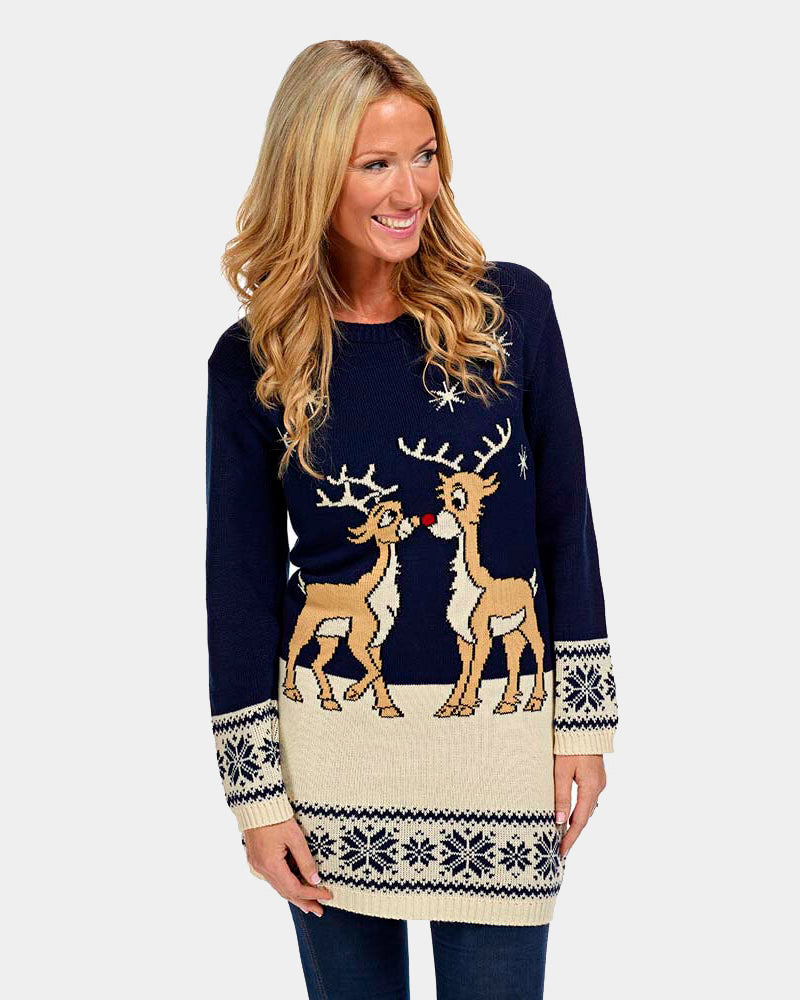 Blue Ugly Christmas Dress with Baby Reindeers Womens