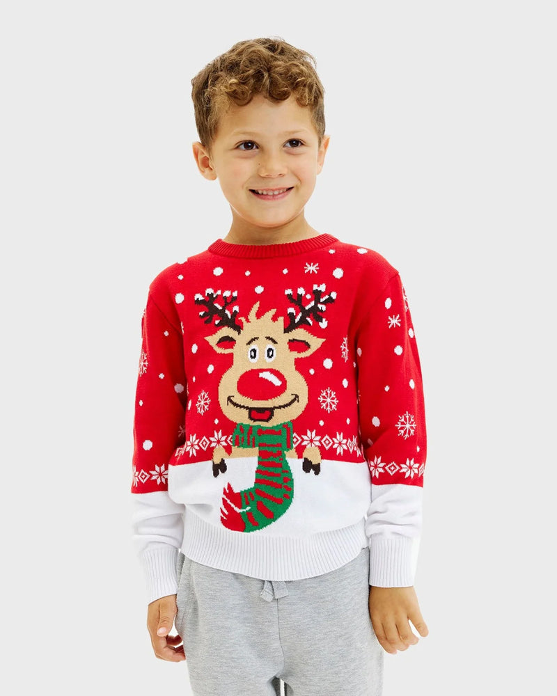 Boys and Girls Ugly Christmas Sweater with Reindeer with Scarf Kids