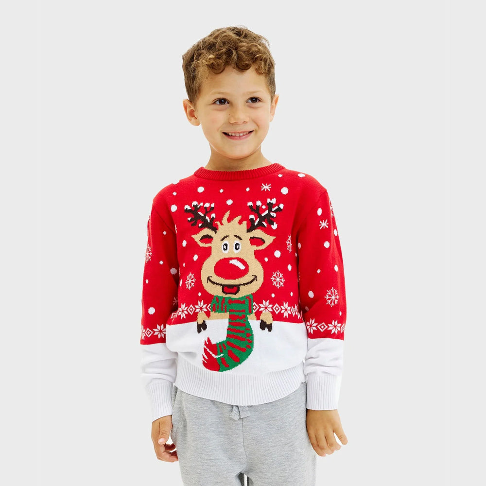 Boys and Girls Ugly Christmas Sweater with Reindeer with Scarf Kids
