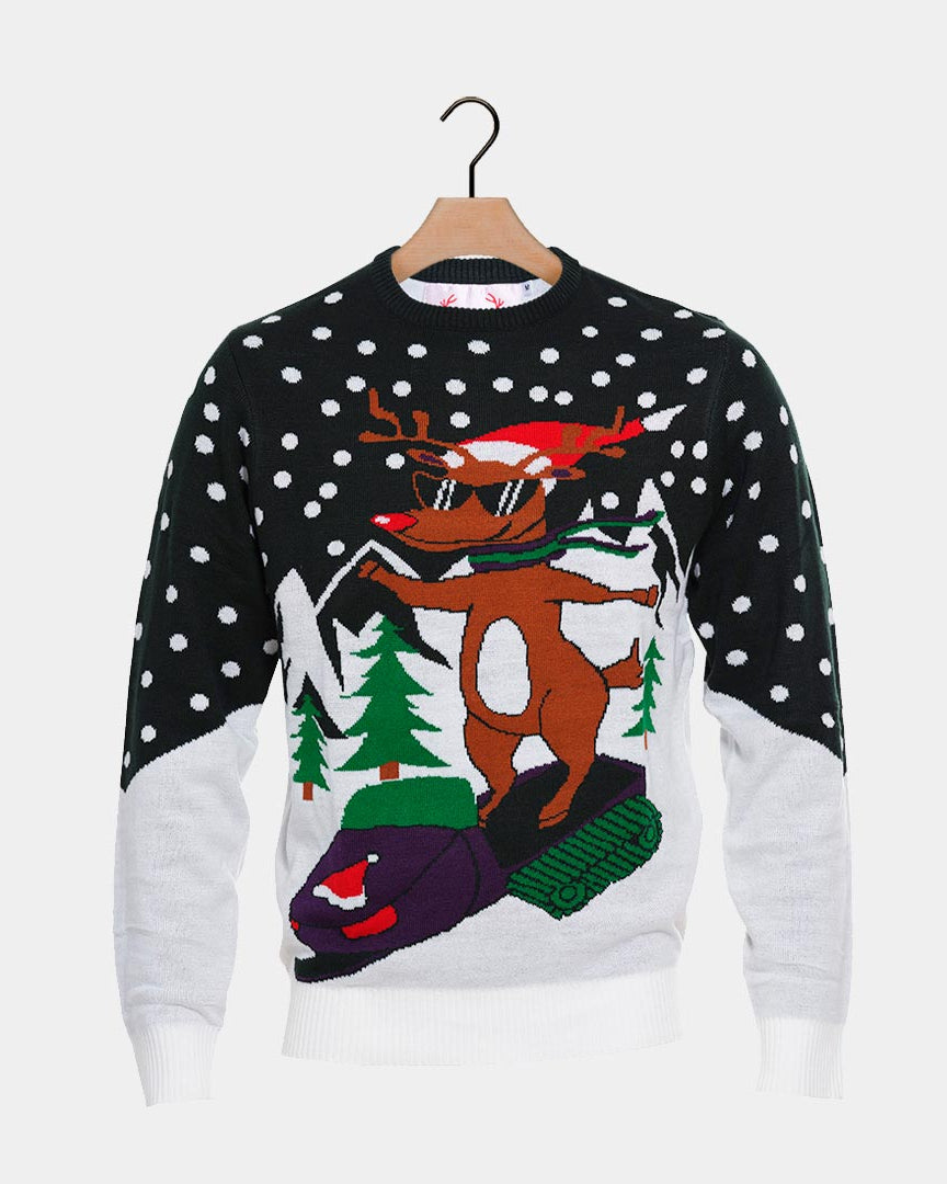 Boys and Girls Ugly Christmas Sweater with Reindeer on Snowmobile