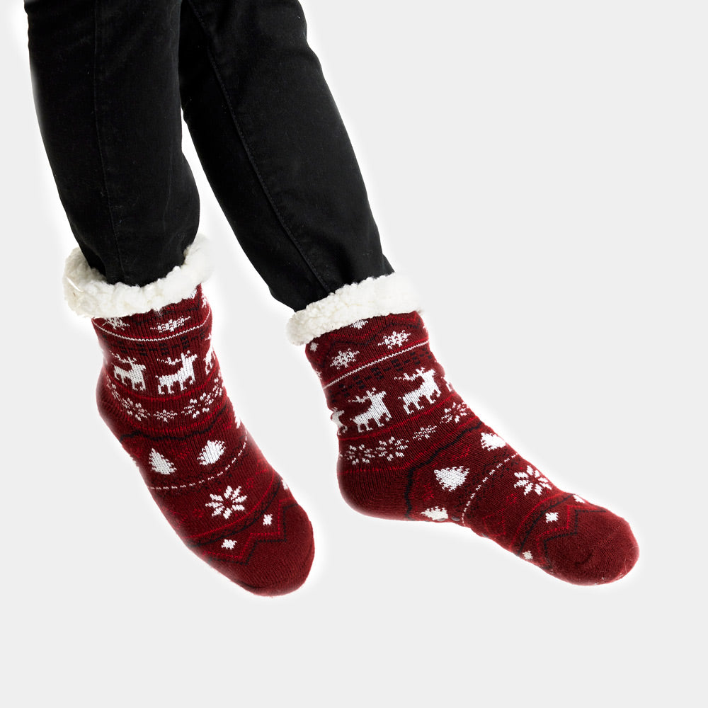 Burgundy Rubber Sole Ugly Christmas Socks with Reindeers womens and mens