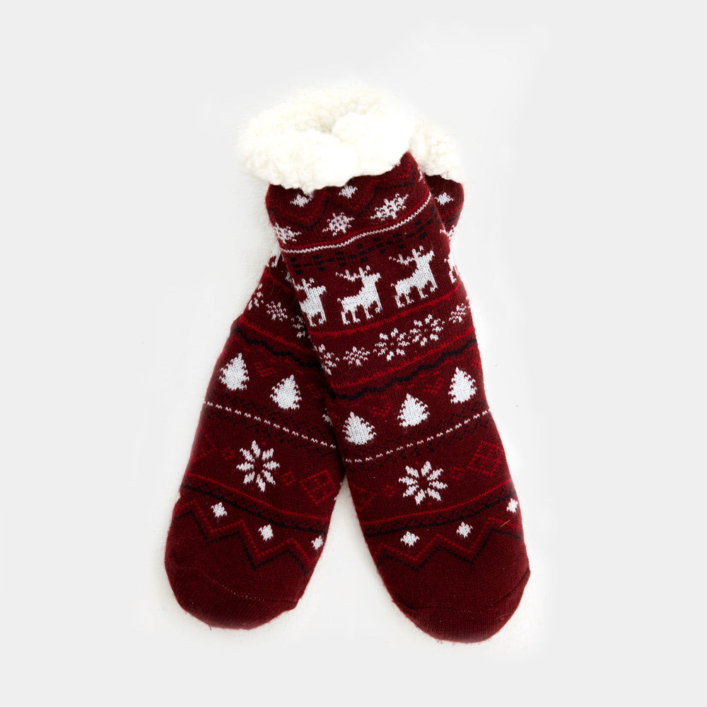 Burgundy Rubber Sole Ugly Christmas Socks with Reindeers