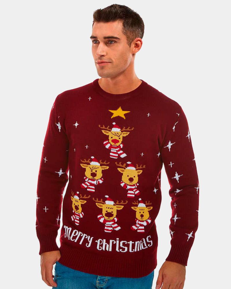 Mens Burgundy Ugly Christmas Sweater with Reindeers, Christmas Tree and Star