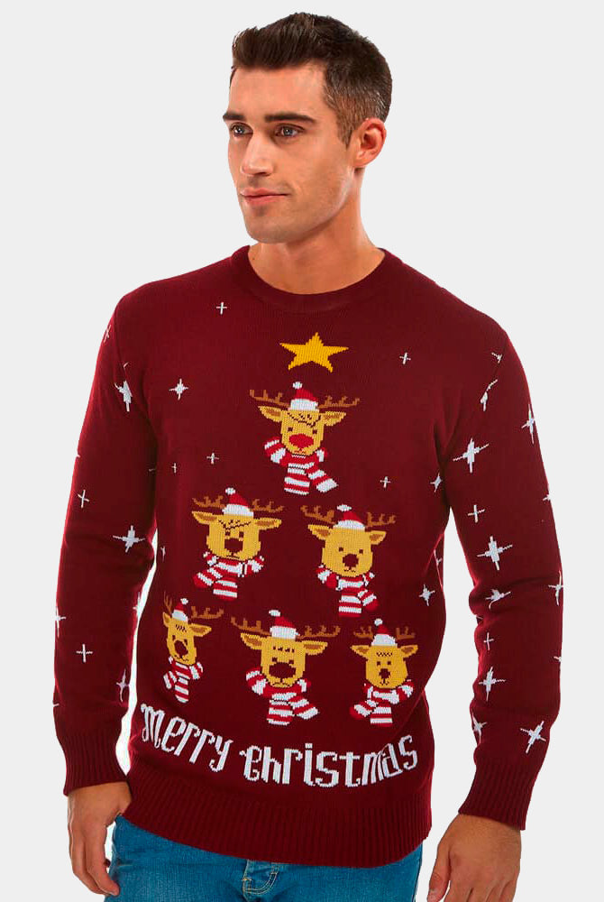 Mens Burgundy Ugly Christmas Sweater with Reindeers, Christmas Tree and Star