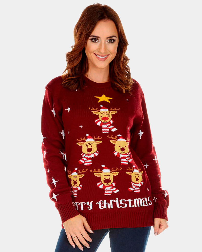 Womens Burgundy Ugly Christmas Sweater with Reindeers, Christmas Tree and Star