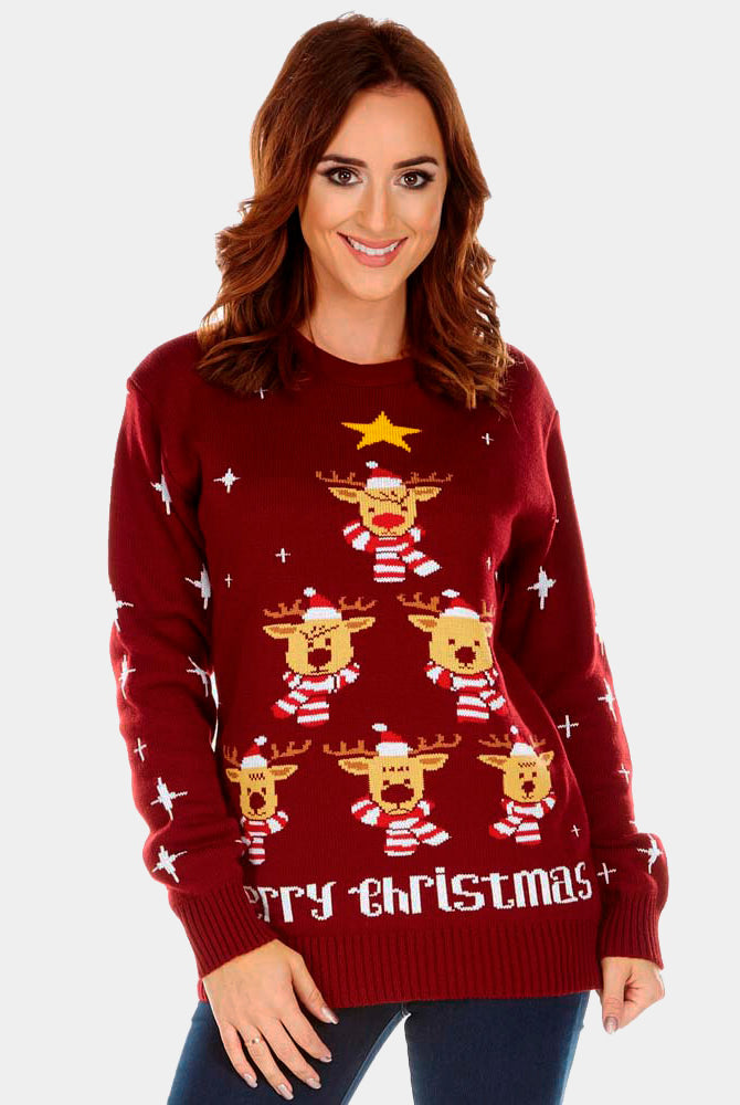 Womens Burgundy Ugly Christmas Sweater with Reindeers, Christmas Tree and Star