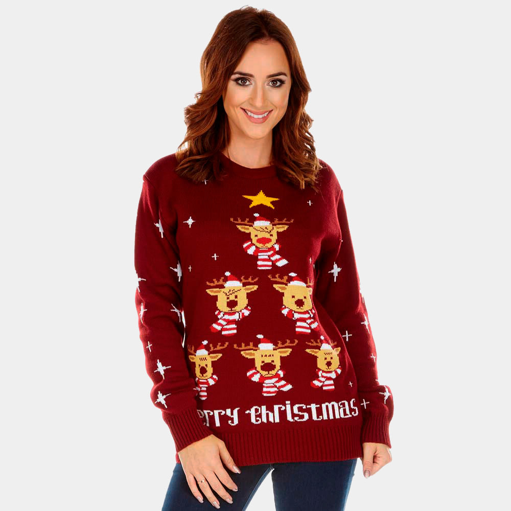Womens Burgundy Ugly Christmas Sweater with Reindeers, Christmas Tree and Star