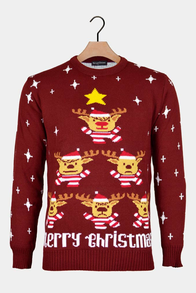 Burgundy Ugly Christmas Sweater with Reindeers, Christmas Tree and Star