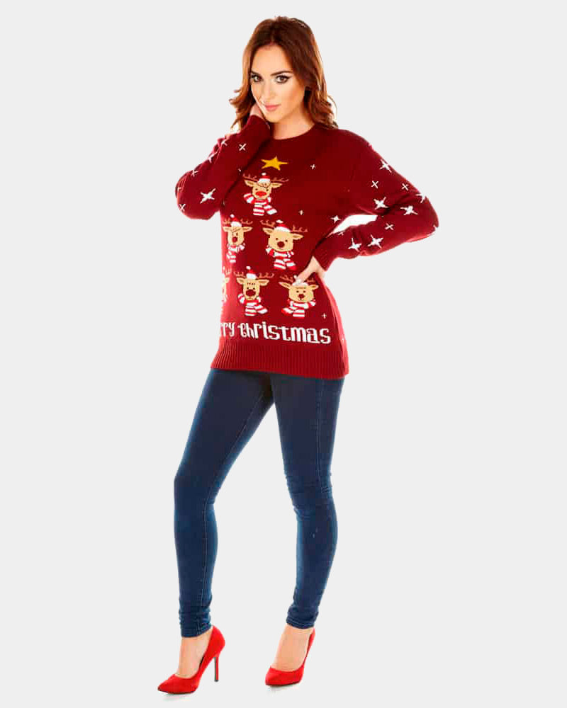 Burgundy Ugly Christmas Sweater with Reindeers, Christmas Tree and Star Womens