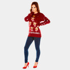 Burgundy Ugly Christmas Sweater with Reindeers, Christmas Tree and Star Womens