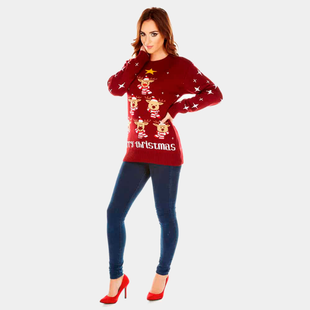 Burgundy Ugly Christmas Sweater with Reindeers, Christmas Tree and Star Womens