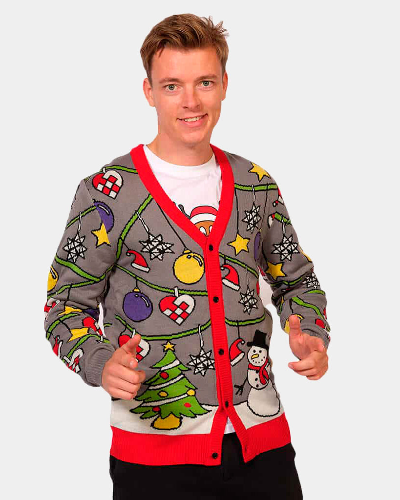 Mens Cardigan Ugly Christmas Sweater with Tree and Snowman