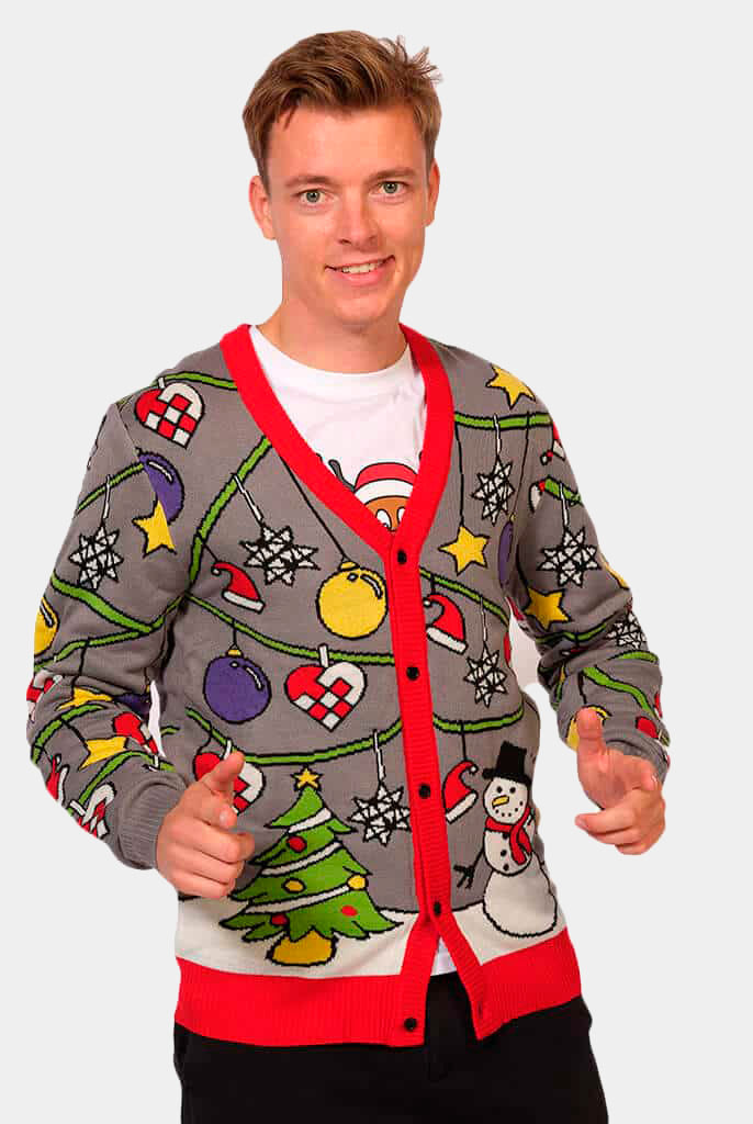 Mens Cardigan Ugly Christmas Sweater with Tree and Snowman