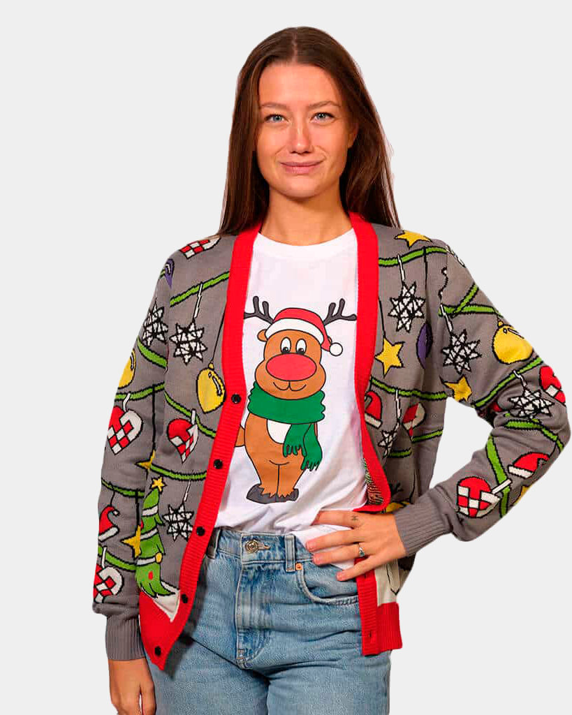 Womens Cardigan Ugly Christmas Sweater with Tree and Snowman