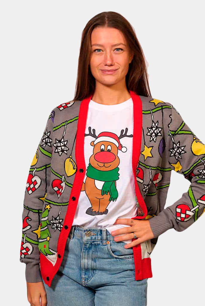 Womens Cardigan Ugly Christmas Sweater with Tree and Snowman
