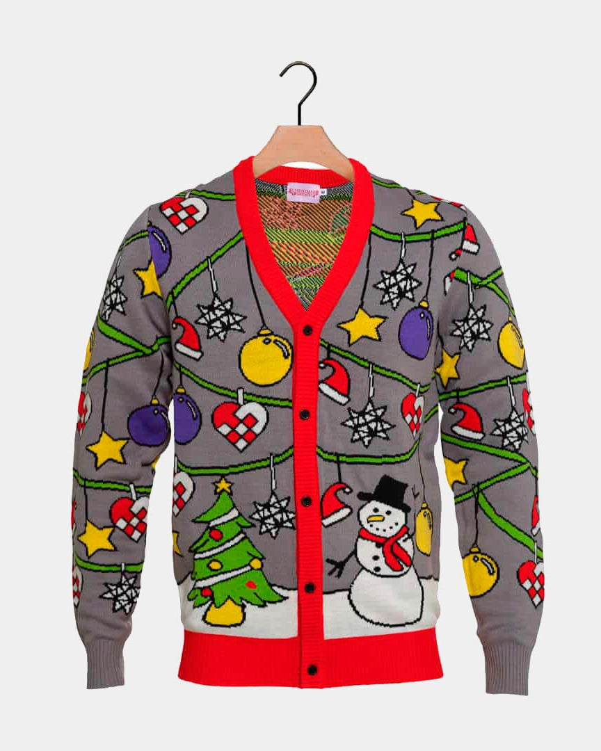 Cardigan Ugly Christmas Sweater with Tree and Snowman