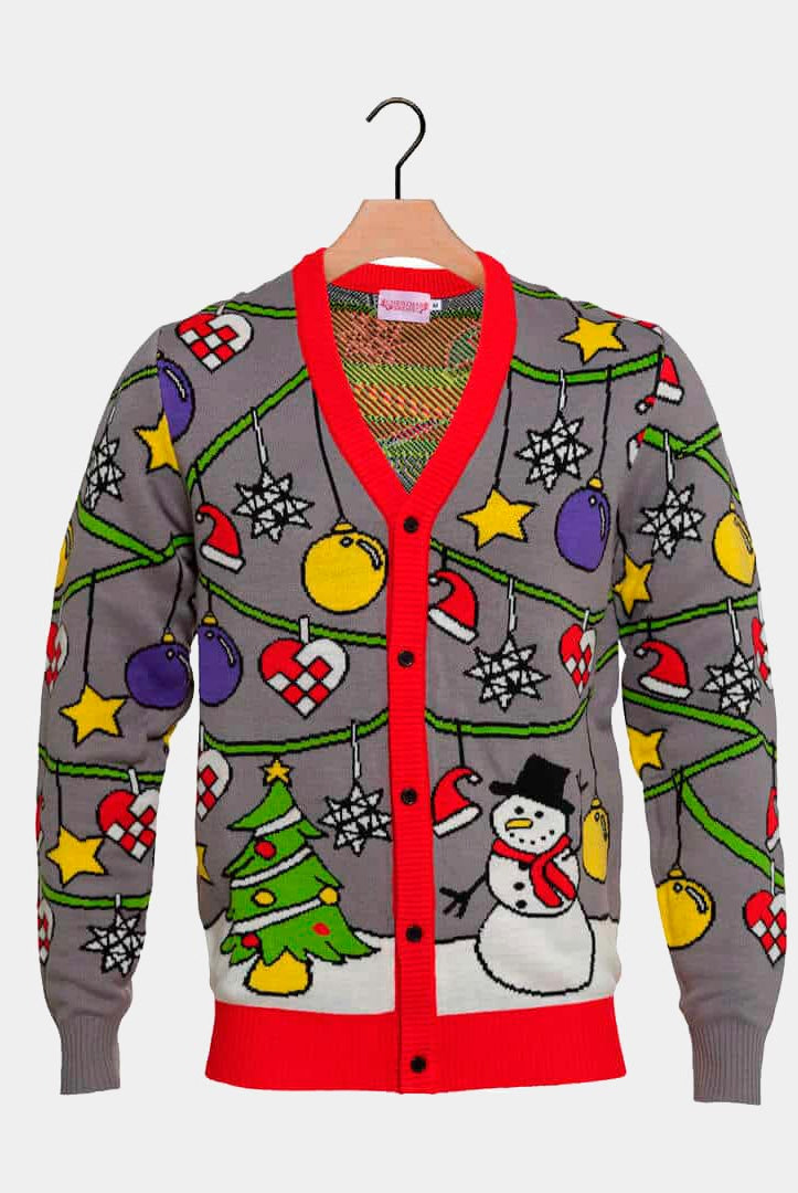 Cardigan Ugly Christmas Sweater with Tree and Snowman